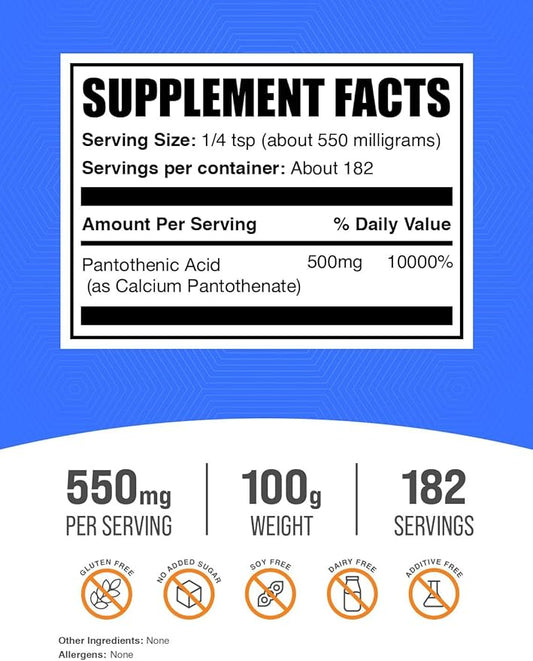 BulkSupplements.com Vitamin B5 Powder - as Calcium Pantothenate, B5 Vitamins - Gluten Free, 500mg of Vitamin B5 Pantothenic Acid per Serving, 100g (3.5 oz) (Pack of 1)