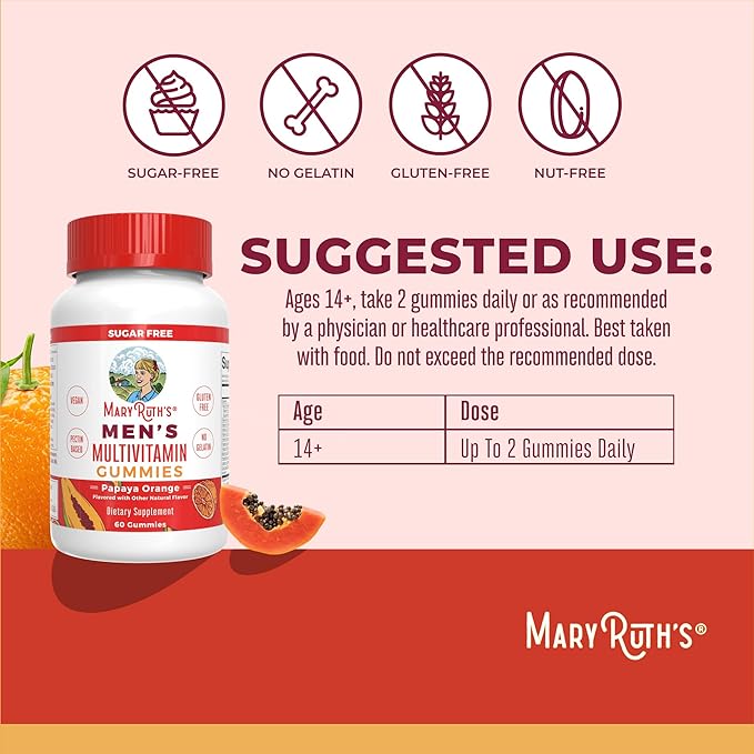 MaryRuth Organics Men's Multivitamin Gummies | Vegan Vitamins for Immune Support | Non-GMO & Gluten Free | 0g Sugar Per Serving | 60 Count
