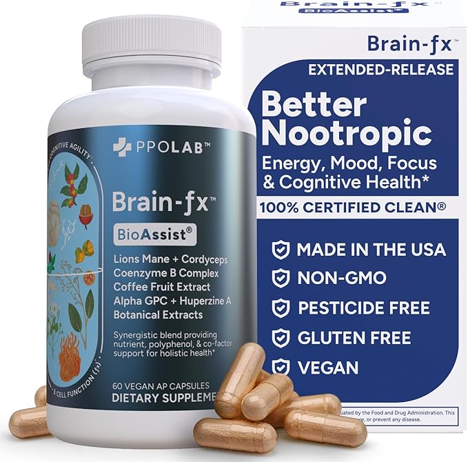 Brain-fx™ Focus Memory Nootropic Energy Brain Supplement, Methyl B Vitamin, Lions Mane, Bacopa, Alpha GPC Choline, Huperzine A, L Theanine, Ginseng, Cordyceps, Coffee Fruit, Clean Certified® 60 Count