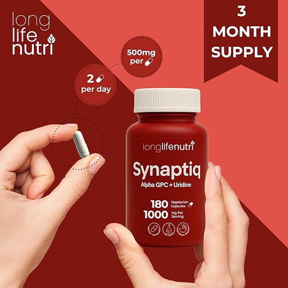 Synaptiq 1000mg (Alpha GPC + Uridine Monophosphate 600mg/400mg) - Nootropic Choline Supplement, 180 Vegetarian Capsules, 3-Month Supply, For Focus & Productivity, GMP Certified, Made in USA