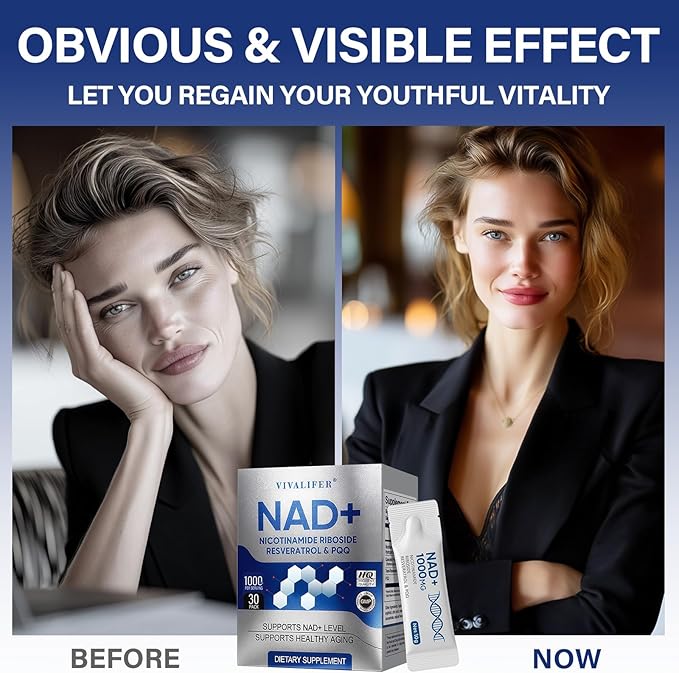 NAD+ Liquid Supplement 30 Packets, Premium Nicotinamide Riboside & Resveratrol with PQQ, Promotes Anti-Aging, Metabolism Support, Focus & Energy Boost