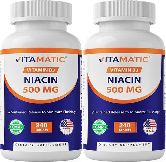 Vitamatic Niacin (Vitamin B3) 500mg, Sustained Release, 240 Tablets - Non-GMO & Gluten Free- 2 Pack