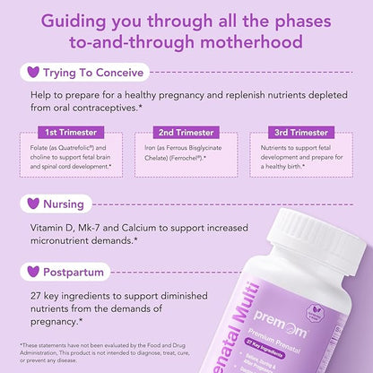 Premom Prenatal Vitamins for Women - Conception for Her Multivitamin: 27 Nutrients, Includes 680mcg Methyl Folate + Choline + Iron, Traceable Ingredient, Fertility Supplements for Women -30 Day Supply