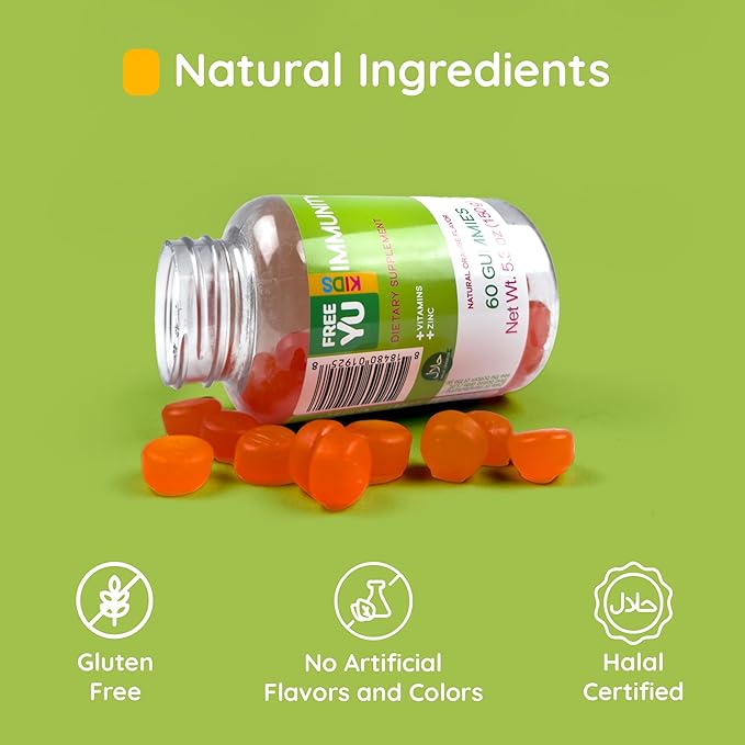 Halal & Gluten Free Kids Immunity Gummy - Dietary Supplement with Vitamins for Kids & Children - Chewable Multivitamin Booster Gummies with B12, Zinc, Vitamin C, D, E, A - 60 Gummies (5.3 oz)