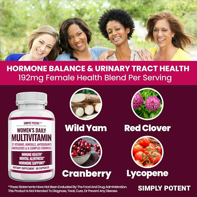 Multivitamin for Women, 37 Multi Vitamins with Minerals, Vitamins A C D E, Biotin, B12, Folate, Zinc, Magnesium, Calcium, Green Tea for Hair, Skin, Nails, Energy, Immune & Hormone Support, 60 Capsules
