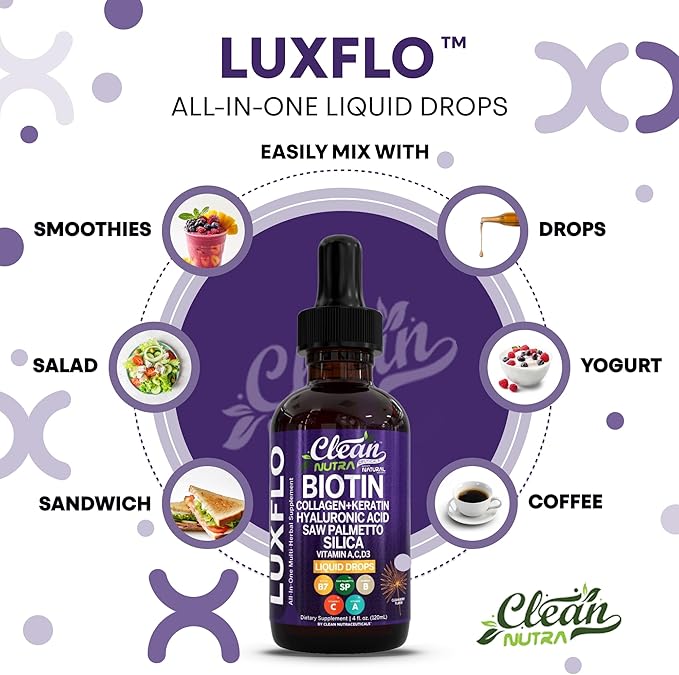 Biotin Liquid Drops Collagen Keratin Hyaluronic Acid Saw Palmetto for Hair Skin and Nails Silica Vitamin A C Vitamin D Bamboo Turmeric Zinc Folate Magnesium Horsetail LuxGlo by Clean Nutra