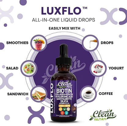 Biotin Liquid Drops Collagen Keratin Hyaluronic Acid Saw Palmetto for Hair Skin and Nails Silica Vitamin A C Vitamin D Bamboo Turmeric Zinc Folate Magnesium Horsetail LuxGlo by Clean Nutra