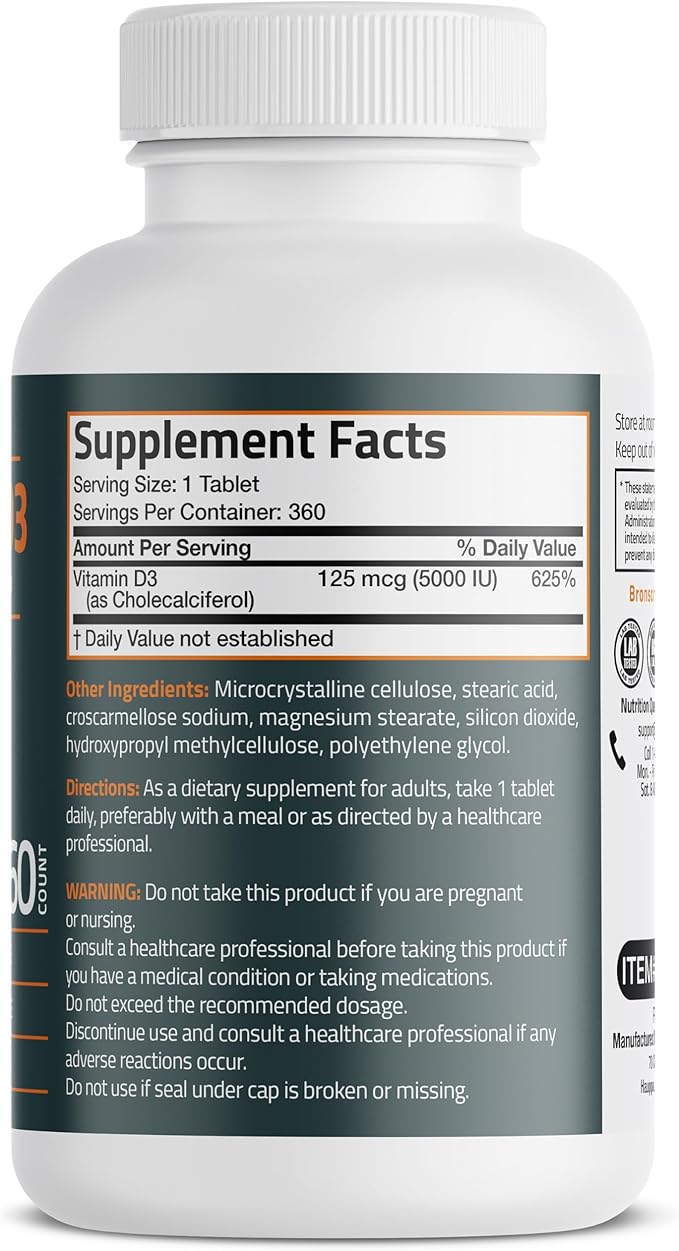 Bronson Vitamin D3 5000iu (125mcg) 1 Year Supply for Healthy Muscle Function and Immune Support, Non-GMO, 360 Tablets