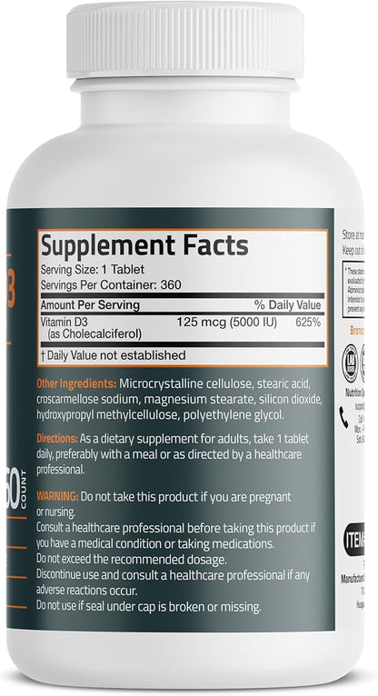 Bronson Vitamin D3 5000iu (125mcg) 1 Year Supply for Healthy Muscle Function and Immune Support, Non-GMO, 360 Tablets