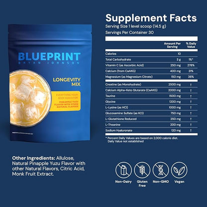 Blueprint Bryan Johnson Longevity Mix - Muscle Builder & Recovery Supplement - Promotes Focus and Balanced Mood - Magnesium, Creatine, L-Theanine, Glutathione & Vitamin C- 30 Servings, Pineapple Yuzu