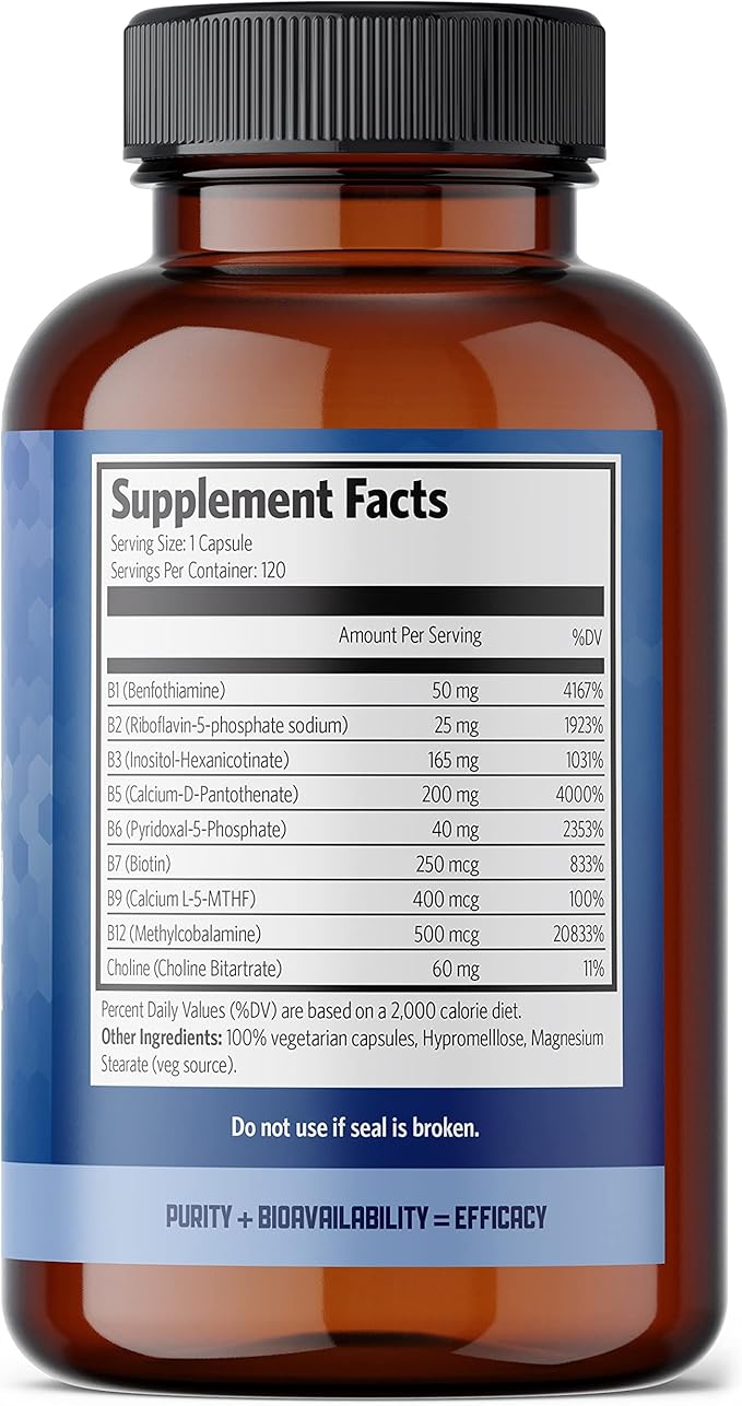 Pure Lab Vitamins - Slow Release Bioactive B Complex, 120 Capsules - Vitamin B-Complex Supplements - Metabolic Support Immune System - B Complex Vitamins for Men and Women