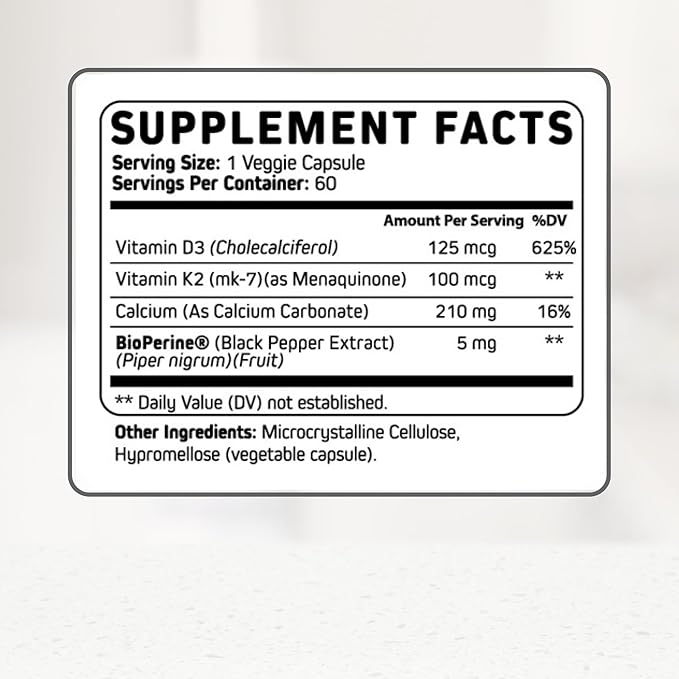 Vitamin D3 K2 Calcium Supplement - Vitamin D 5000 IU + Vitamin K2 MK7 100 mcg, Bone Strength & Heart Health Supplements for Women & Men, D3K2 Teeth Vitamins with Bioperine, US-Made Non-GMO 60 Cap