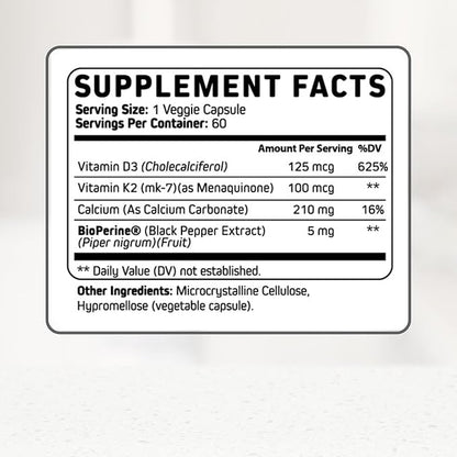 Vitamin D3 K2 Calcium Supplement - Vitamin D 5000 IU + Vitamin K2 MK7 100 mcg, Bone Strength & Heart Health Supplements for Women & Men, D3K2 Teeth Vitamins with Bioperine, US-Made Non-GMO 60 Cap