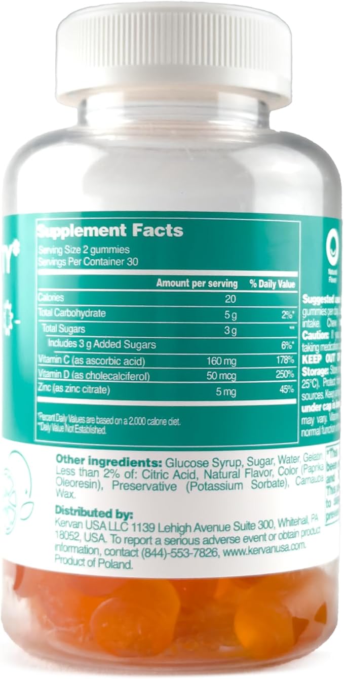 Halal & Gluten Free Immunity Gummy - Dietary Supplement with Vitamins for Adults & Teens - Chewable Multivitamin Booster Gummies with Zinc, Vitamin C and D - 60 Gummies (7.4 oz)