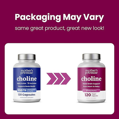 Prenatal Choline Supplements 550mg | 120 Capsules | Supports Baby’s Brain Development & Cognitive Function During Pregnancy & Nursing | Ultra Pure Natal VitaCholine, Vegan Choline Bitartrate for Women