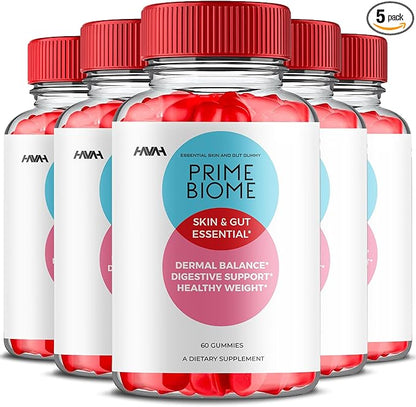 (5 Pack) Prime Biome Gummies PrimeBiome Skin & Gut Support Gummy Formula, PrimeBiome Overall Health & Wellness Vitamin B12 B6 Folic Acid Support Supplement, Prime Biome Advanced Formula (300 Gummies)