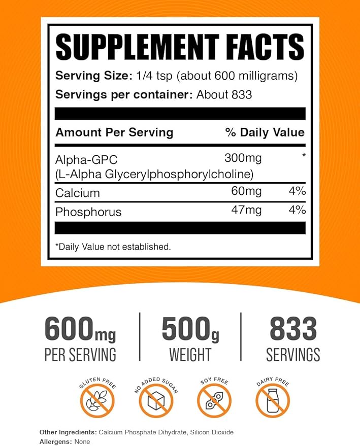 BulkSupplements.com Alpha GPC Powder - Choline Supplements, Alpha GPC 300mg - Unflavored & Gluten Free, 600mg per Serving, 500g (1.1 lbs) (Pack of 1)