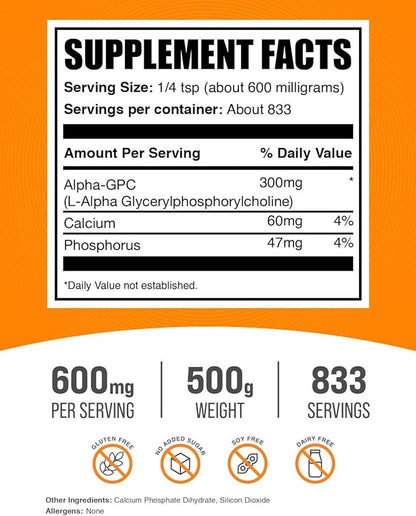 BulkSupplements.com Alpha GPC Powder - Choline Supplements, Alpha GPC 300mg - Unflavored & Gluten Free, 600mg per Serving, 500g (1.1 lbs) (Pack of 1)