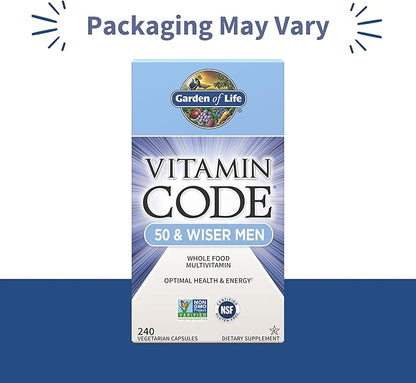 Garden of Life Multivitamin for Men - Vitamin Code 50 & Wiser Men's Raw Whole Food Vitamin Supplement with Probiotics, Vegetarian, 240 Capsules