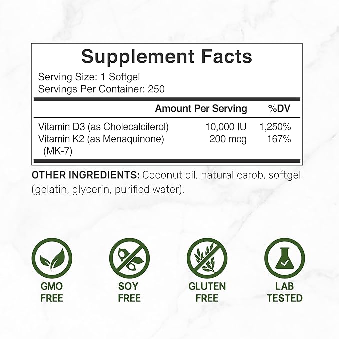 DEAL SUPPLEMENT Vitamin D3 10,000 IU + K2 MK7 200mcg Softgels, 250 Count | 2-in-1 Complex with Virgin Coconut Oil | Supports Heart, Bone, Teeth & Immune Health | Easy to Swallow