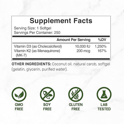 DEAL SUPPLEMENT Vitamin D3 10,000 IU + K2 MK7 200mcg Softgels, 250 Count | 2-in-1 Complex with Virgin Coconut Oil | Supports Heart, Bone, Teeth & Immune Health | Easy to Swallow