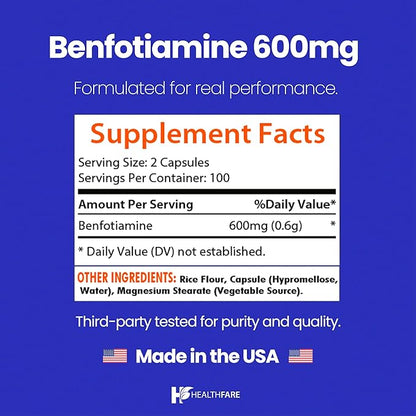 Benfotiamine 600mg | 200 Veg Capsules | Enhanced Absorption | Supports Overall Health | Increased Bioavailability