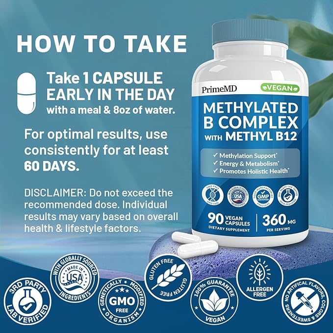 Methylated B Complex with Methylfolate and B12 Methylcobalamin 1000 mcg - Methylated Multivitamin for Energy, Brain Function, and Wellness - Vitamin B Complex for Men & Women (180 Servings, Pack of 2)