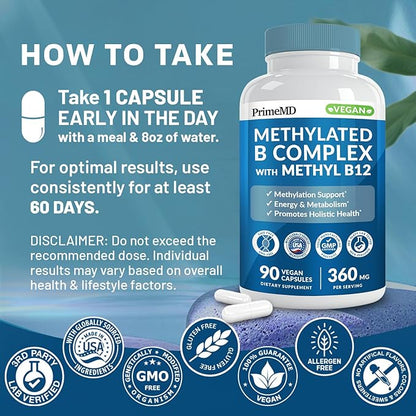 Methylated B Complex with Methylfolate and B12 Methylcobalamin 1000 mcg - Methylated Multivitamin for Energy, Brain Function, and Wellness - Vitamin B Complex for Men & Women (180 Servings, Pack of 2)