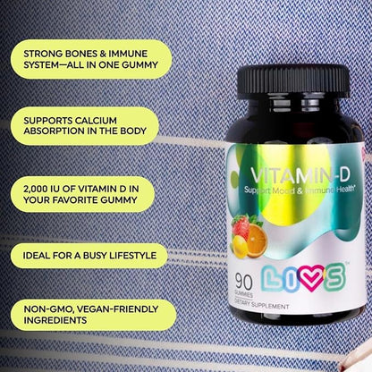 Vitamin D Gummies for Women & Adults | Vitamin D3 2,000 IU Supplement for Immune Support & Bone Health | Gelatin-Free, Gluten-Free & Non-GMO Gummy Vitamins | Lemon, Berry & org Flavor - 180 Ct