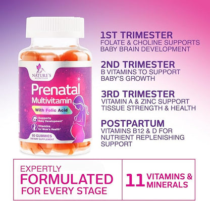 Prenatal Vitamins for Women Gummies, Folic Acid 1335mcg Pregnancy Vitamins for Fetal Support, Vitamin A, C, D3, B12, B6 & Folate, Prenatal Multivitamin Gummy for Pregnant & Nursing Women - 60 Gummies