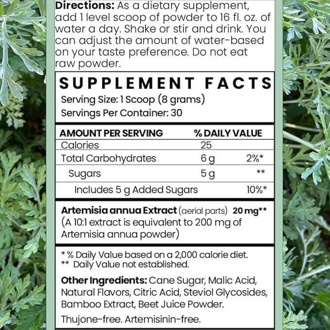 Artemisia Annua Sweet Wormwood Herbal Powder | Leaf Extract Brain Supports | Artemisinin Supplement | Sweet Wormwood Organic Extract | Non-GMO, Vegan, Gluten-Free | 30 Servings/8.5 Oz (240g)