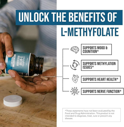 L Methylfolate 7.5mg plus Methyl B12 - Active 5-MTHF Form, MTHFR Supplement - Bloodstream Ready Methylated Folate + B12 Cofactor - Supports Mood, Homocysteine Methylation, Cognition (60 Capsules)
