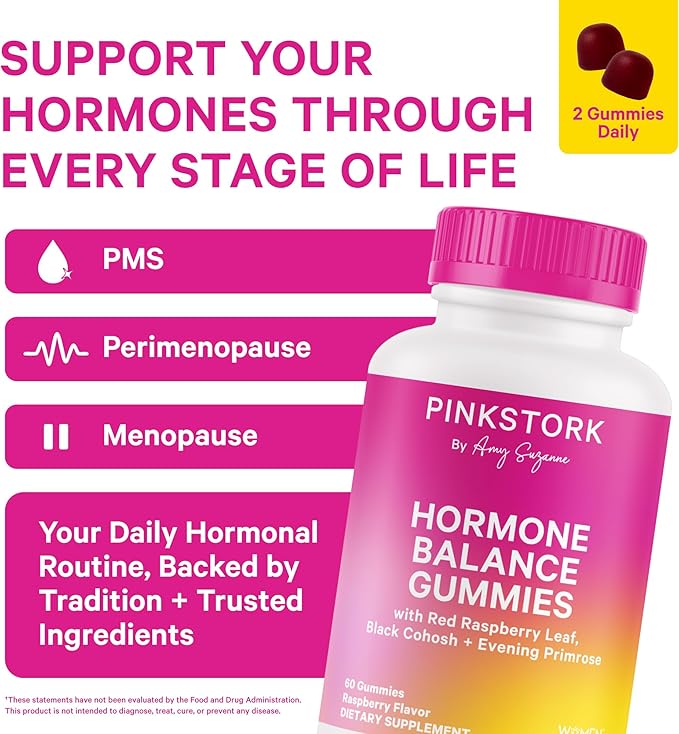 Pink Stork Hormone Balance Gummies for Women – PMS, Menopause & Estrogen Support – Mood, Bloating, Hot Flashes & Energy – Red Raspberry Leaf, Black Cohosh, Primrose – 60 Vegan Gummies