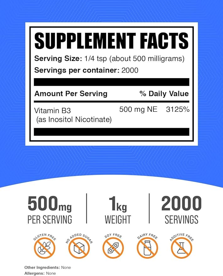 BulkSupplements.com Flush Free Niacin Powder - as Inositol Hexanicotinate, Vitamin B3 Supplement, Niacin 500mg Flush Free - Gluten Free, 500mg of per Serving, 1kg (2.2 lbs) (Pack of 1)