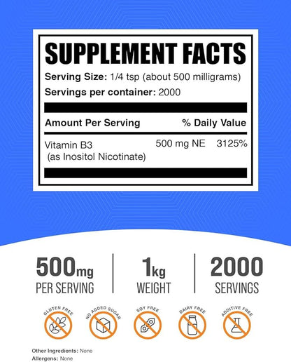 BulkSupplements.com Flush Free Niacin Powder - as Inositol Hexanicotinate, Vitamin B3 Supplement, Niacin 500mg Flush Free - Gluten Free, 500mg of per Serving, 1kg (2.2 lbs) (Pack of 1)