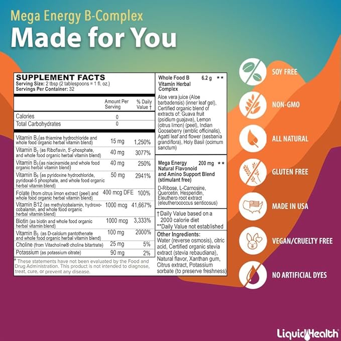 LIQUIDHEALTH Mega Energy B-Complex & Calcium and Magnesium Liquid Vitamin Bundle for Adults - Increase Natural Energy Level, Support Bone & Joint Health, Boost Immune System - Vegan, Non-GMO, USA Made