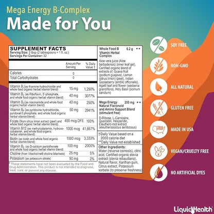 LIQUIDHEALTH Mega Energy B-Complex & Calcium and Magnesium Liquid Vitamin Bundle for Adults - Increase Natural Energy Level, Support Bone & Joint Health, Boost Immune System - Vegan, Non-GMO, USA Made
