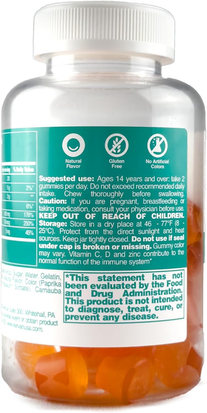 Halal & Gluten Free Immunity Gummy - Dietary Supplement with Vitamins for Adults & Teens - Chewable Multivitamin Booster Gummies with Zinc, Vitamin C and D - 60 Gummies (7.4 oz)