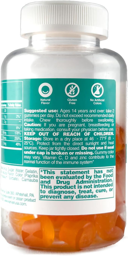 Halal & Gluten Free Immunity Gummy - Dietary Supplement with Vitamins for Adults & Teens - Chewable Multivitamin Booster Gummies with Zinc, Vitamin C and D - 60 Gummies (7.4 oz)