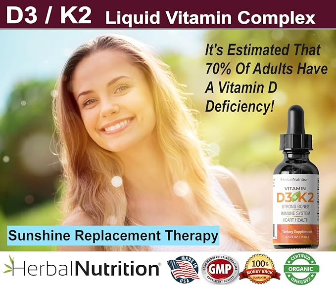 Herbal Nutrition Organic Vitamin D3 K2 Drops – 5000 IU D3 + 63mcg MK7 K2 – 270 Servings, Vegan, Liquid Supplement Superior Delivery – Bone, Heart, Immune & Mood Support – Peppermint Flavor