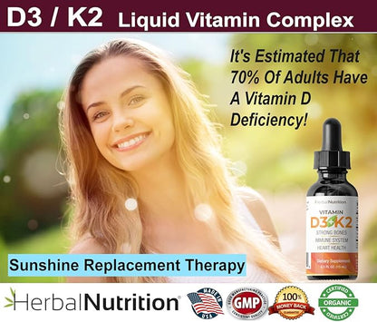 Herbal Nutrition Organic Vitamin D3 K2 Drops – 5000 IU D3 + 63mcg MK7 K2 – 270 Servings, Vegan, Liquid Supplement Superior Delivery – Bone, Heart, Immune & Mood Support – Peppermint Flavor