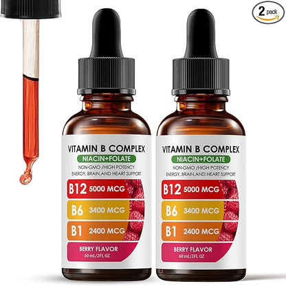 Vitamin B12 Complex with B1, B6, Vitamin B12 Raspberry Liquid Supplement, Essential Vitamin 5-in-1 Vitamin B Complex Liquid Drops, Brain Function, Focus, and Natural Energy Support (2PCS)