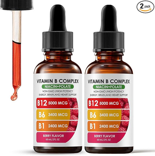Vitamin B12 Complex with B1, B6, Vitamin B12 Raspberry Liquid Supplement, Essential Vitamin 5-in-1 Vitamin B Complex Liquid Drops, Brain Function, Focus, and Natural Energy Support (2PCS)