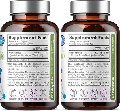biophix B-3 Nicotinamide 500 mg 180 Caps 2 Pack - Nicotinic Amide Niacin Natural Flush-Free Vitamin Formula - Supports Skin Cell Health