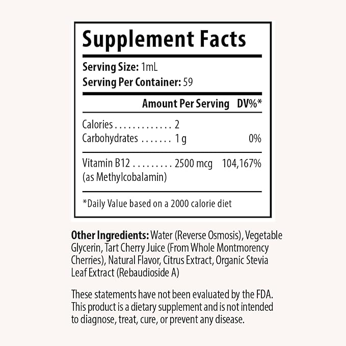 Vitamin B12 2500 mcg 2 oz Liquid Drops for Energy Production, Nervous System Health - No Artificial Preservatives, Non-GMO, Gluten Free, Vegan-Friendly