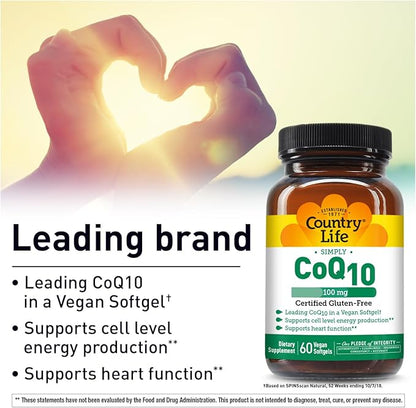 Country Life Simply CoQ10 100mg – Heart Function & Cellular Energy Support Supplement, Pure Coenzyme Q10 for Antioxidant & Cardiovascular Health, Certified Gluten Free & Vegan, 60 Softgels