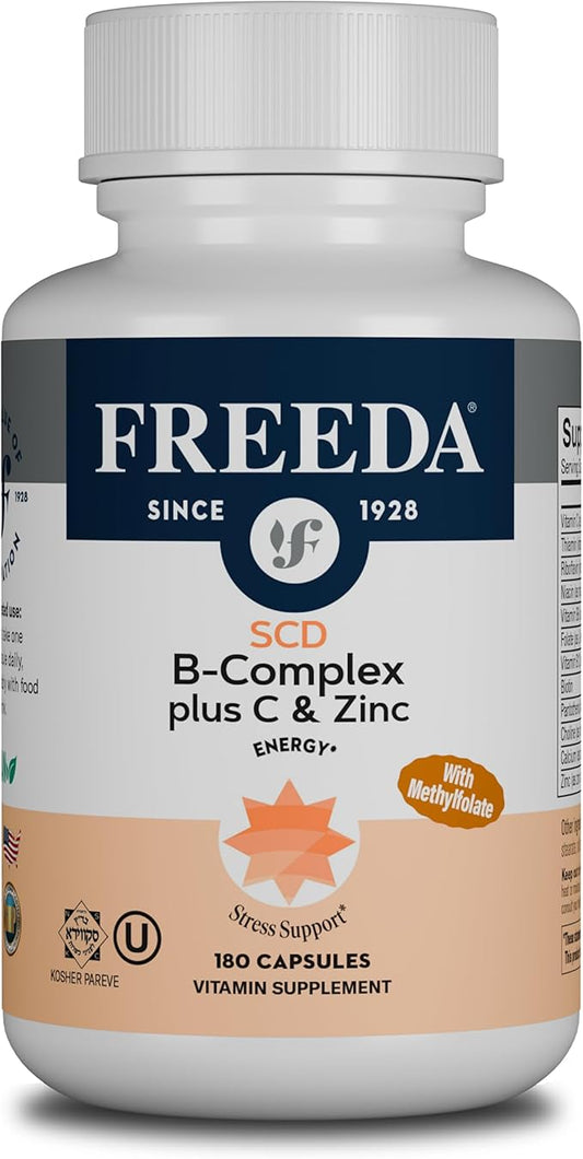 FREEDA SCD B-Complex with Vitamin C & Zinc | Methylfolate & Active B12 | Vegan, Kosher (180 Capsules)
