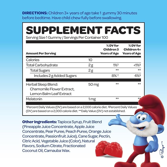 The Smurfs 1mg Melatonin Gummies for Kids with Chamomile & Lemon Balm for a Restful Sleep Age 3+ | Non-Habit Forming | Made with Real Fruit in a Smurf Berry | Doctor Developed | 100 Vegetarian Gummy