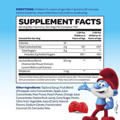 The Smurfs 1mg Melatonin Gummies for Kids with Chamomile & Lemon Balm for a Restful Sleep Age 3+ | Non-Habit Forming | Made with Real Fruit in a Smurf Berry | Doctor Developed | 100 Vegetarian Gummy