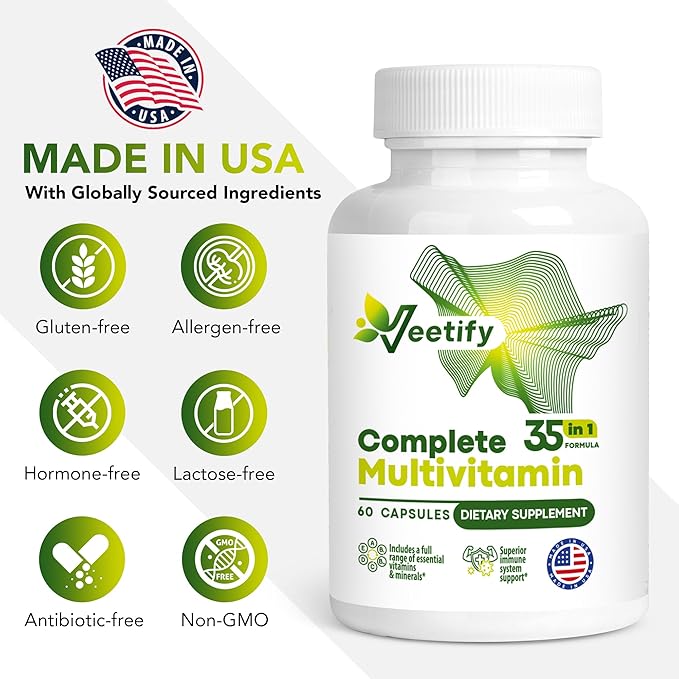 Complete Multivitamin 35‑in‑1 – High‑Potency Daily Vitamins & Minerals with Antioxidants (A, B‑Complex, C, D, E), Magnesium, Zinc & Green‑Tea Detox Formula for Women & Men – 60 Veggie Capsules